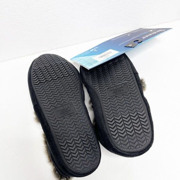 Isotoner Black Loafer Slippers L 8-9 Gray Faux Fur Cushioned Memory Foam Cozy - Picture 5 of 5